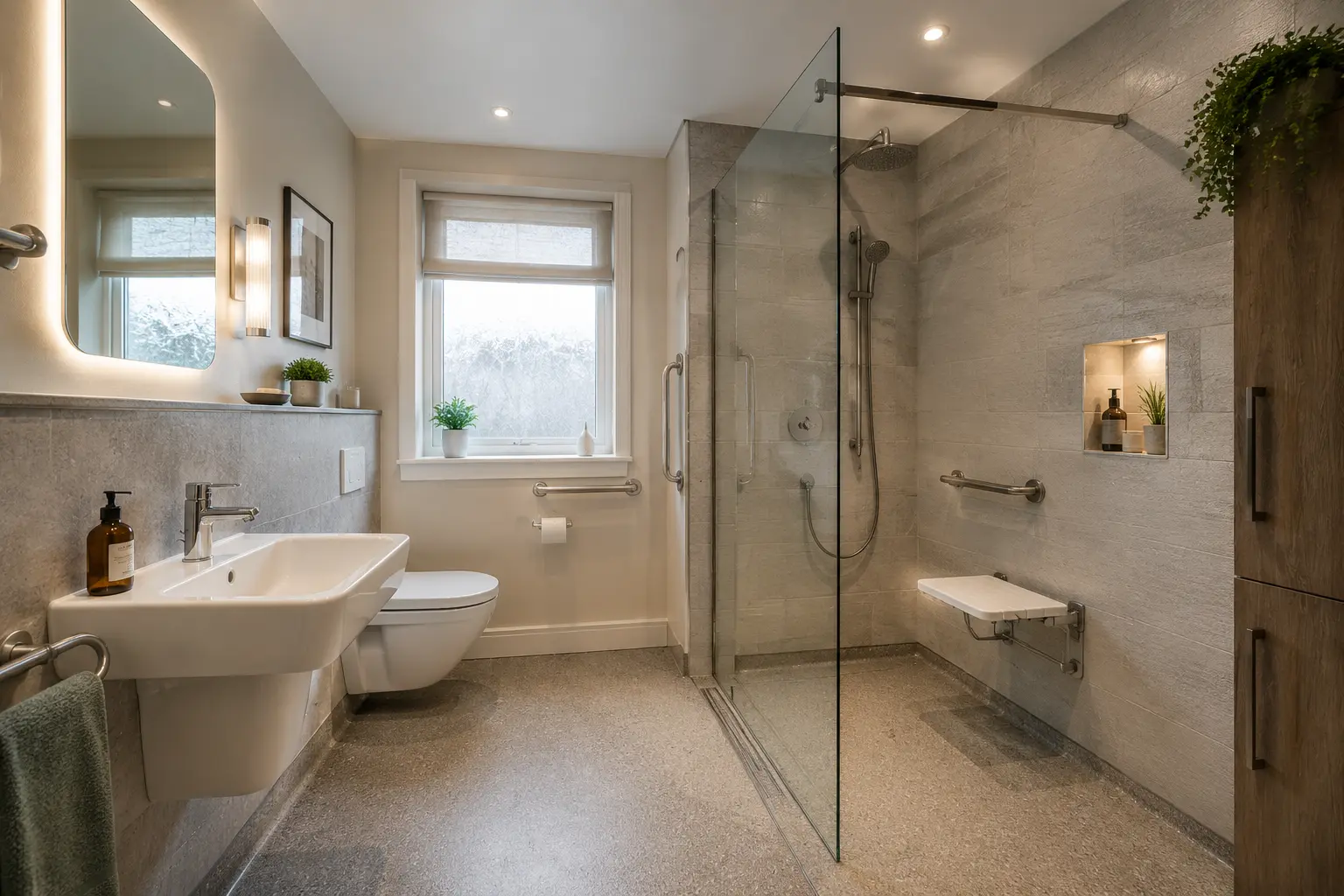 Accessible bathroom with an open shower area and support rails in Glasgow