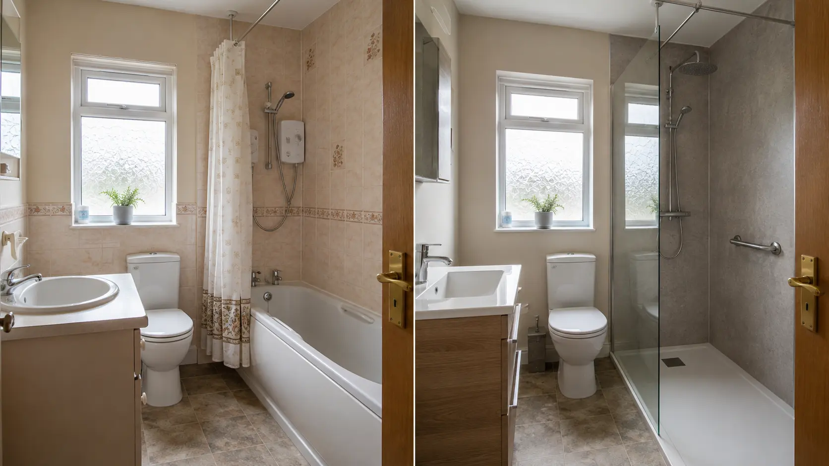 Before and after example of a bath changed to a walk-in shower in Glasgow