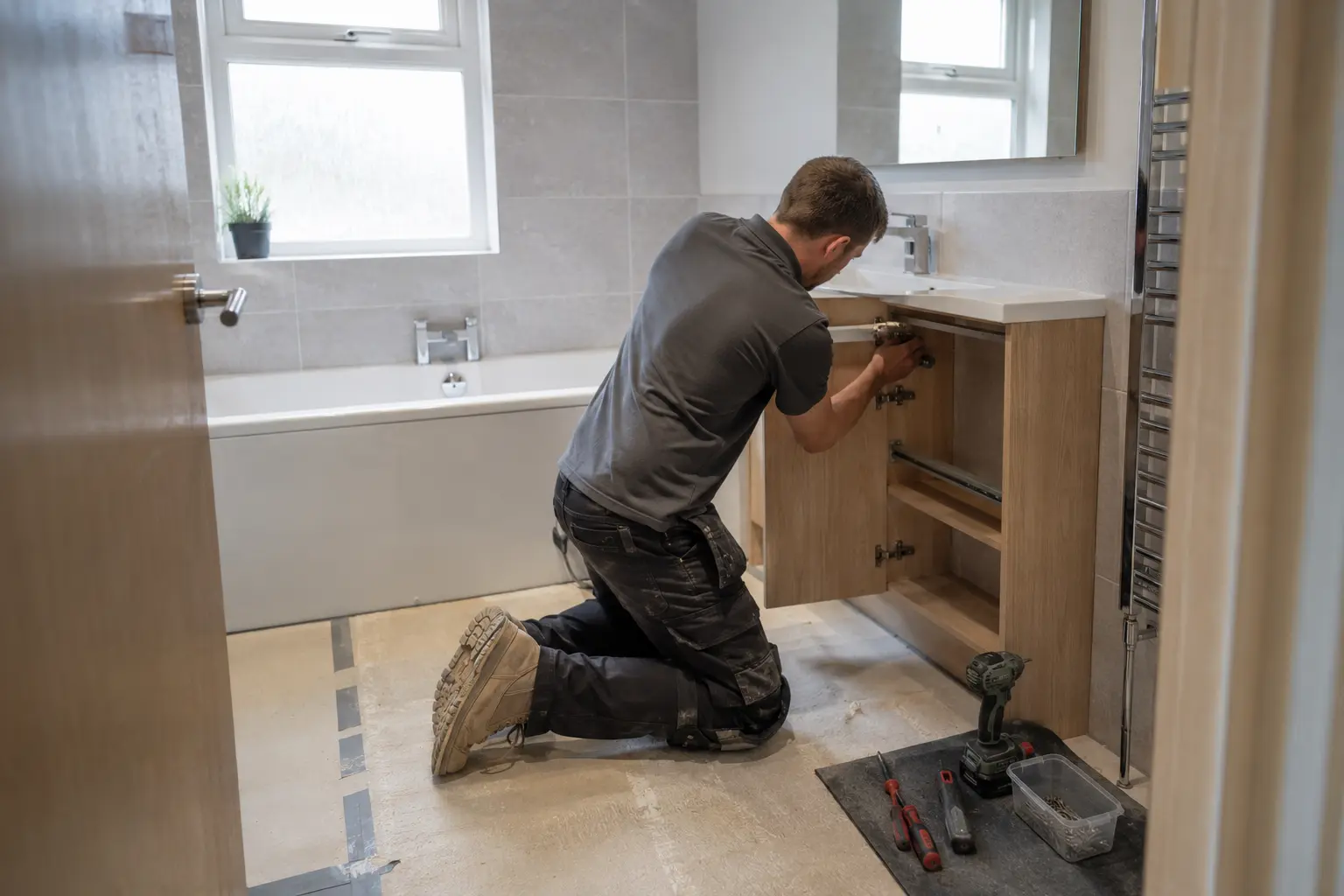Bathroom fitter completing a careful installation in a Glasgow home