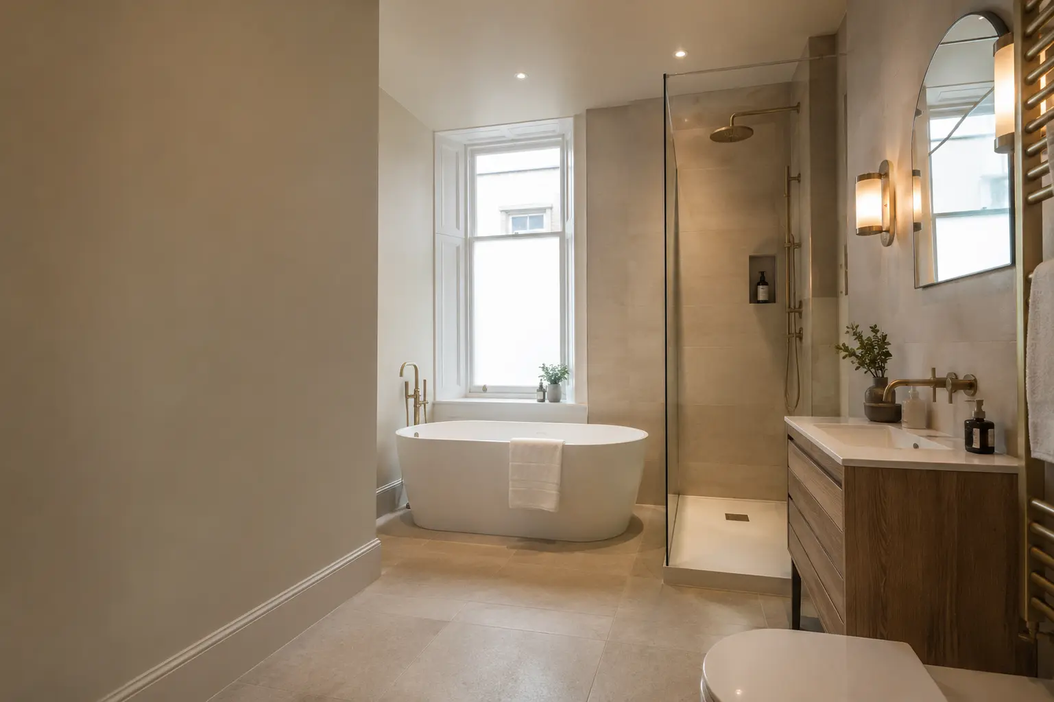 Complete fitted bathroom with a freestanding bath in a Glasgow home