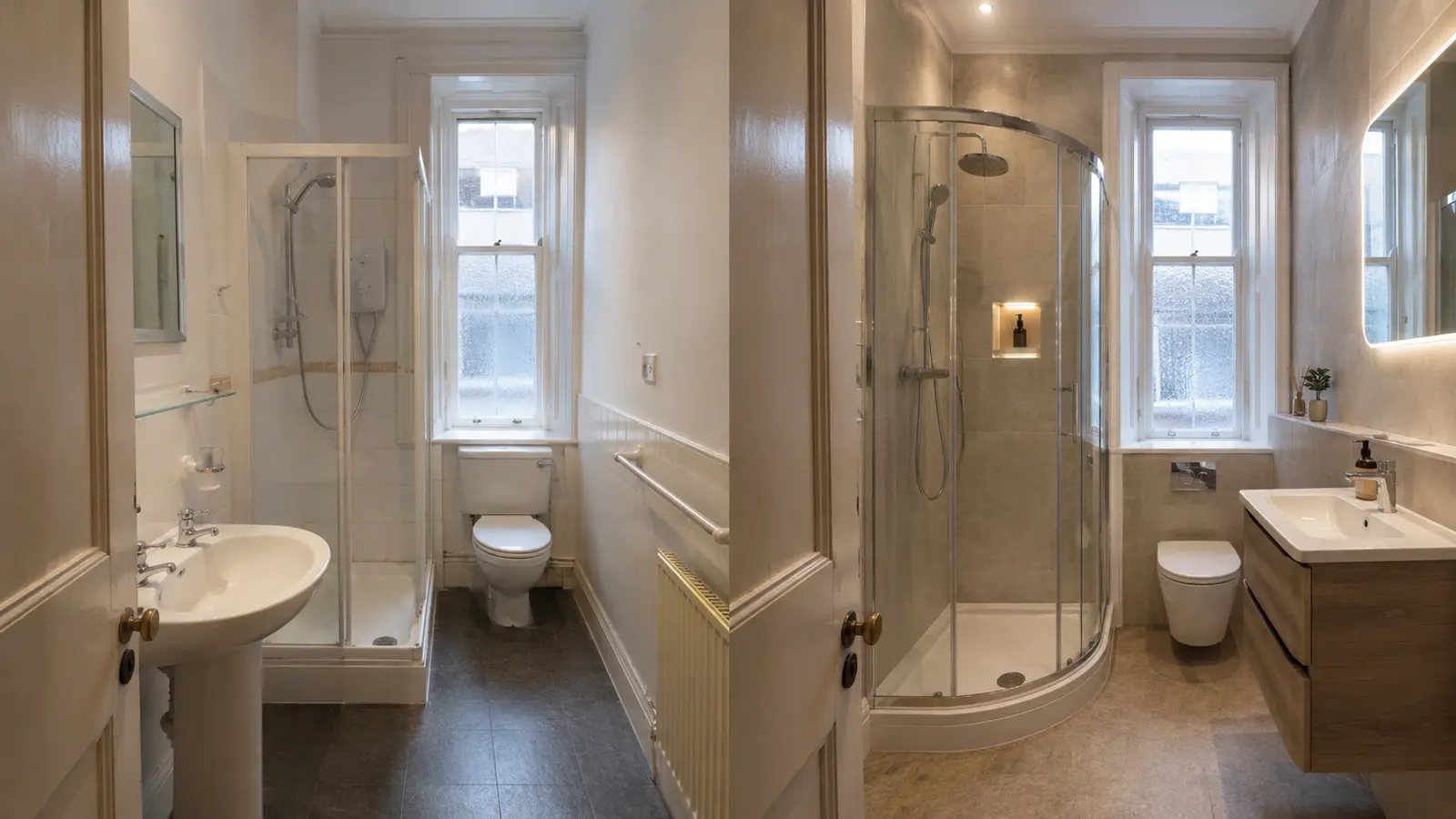 Before and after example of a compact en-suite renovation in Glasgow
