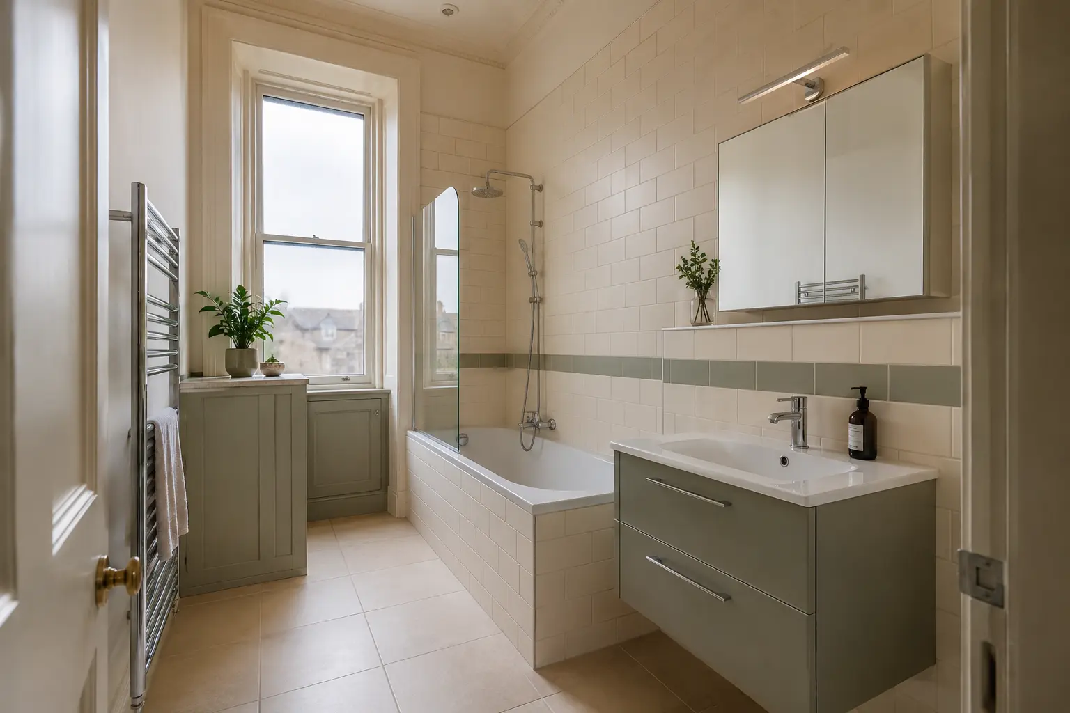 Fitted family bathroom with a sash window in a Glasgow tenement