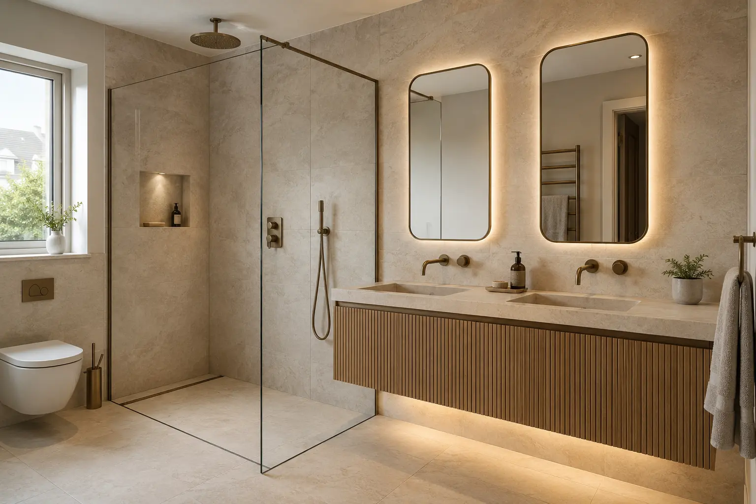 Luxury en-suite bathroom with warm lighting and fitted vanity in Glasgow