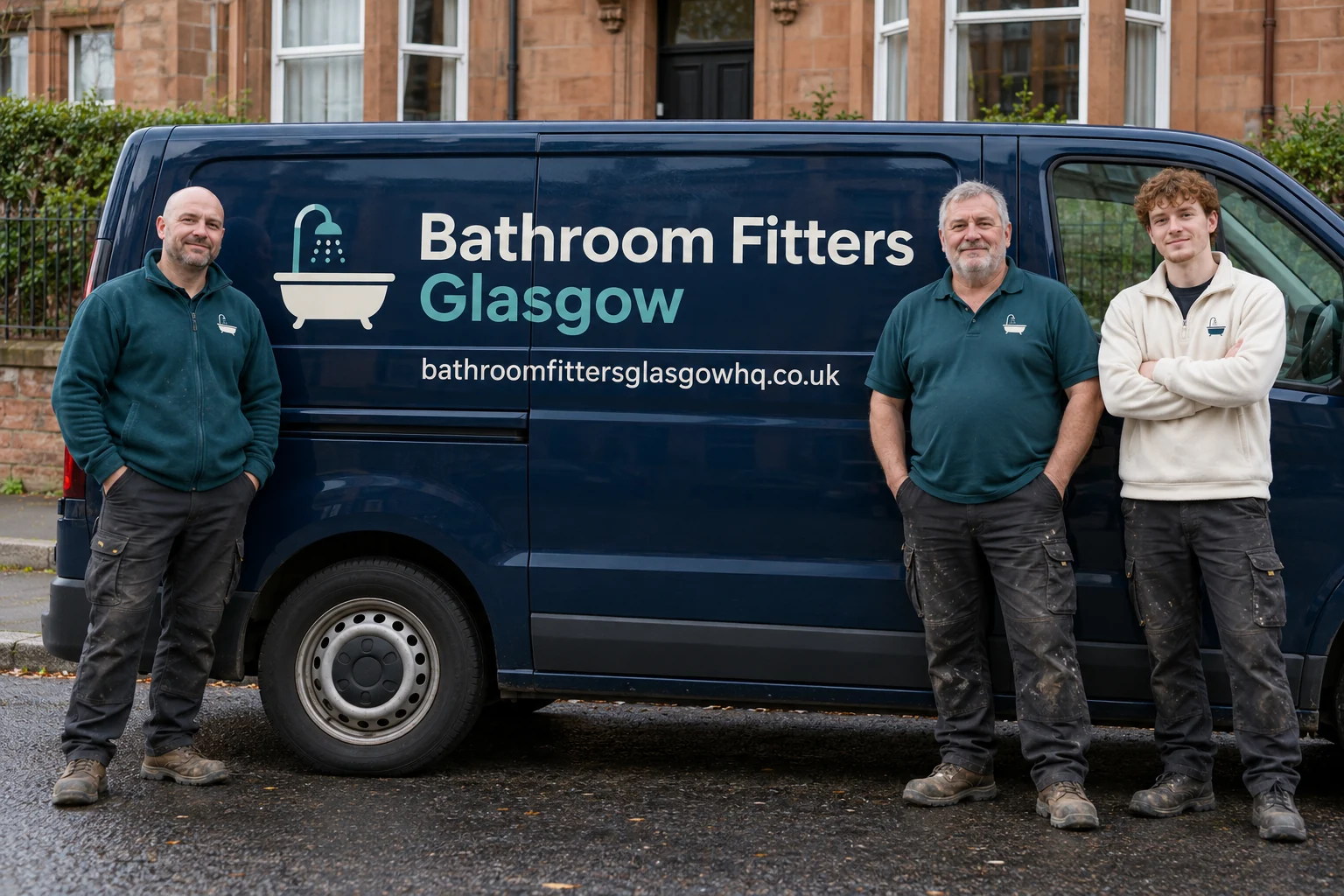Three men in workwear beside a professionally signwritten Bathroom Fitters Glasgow van
