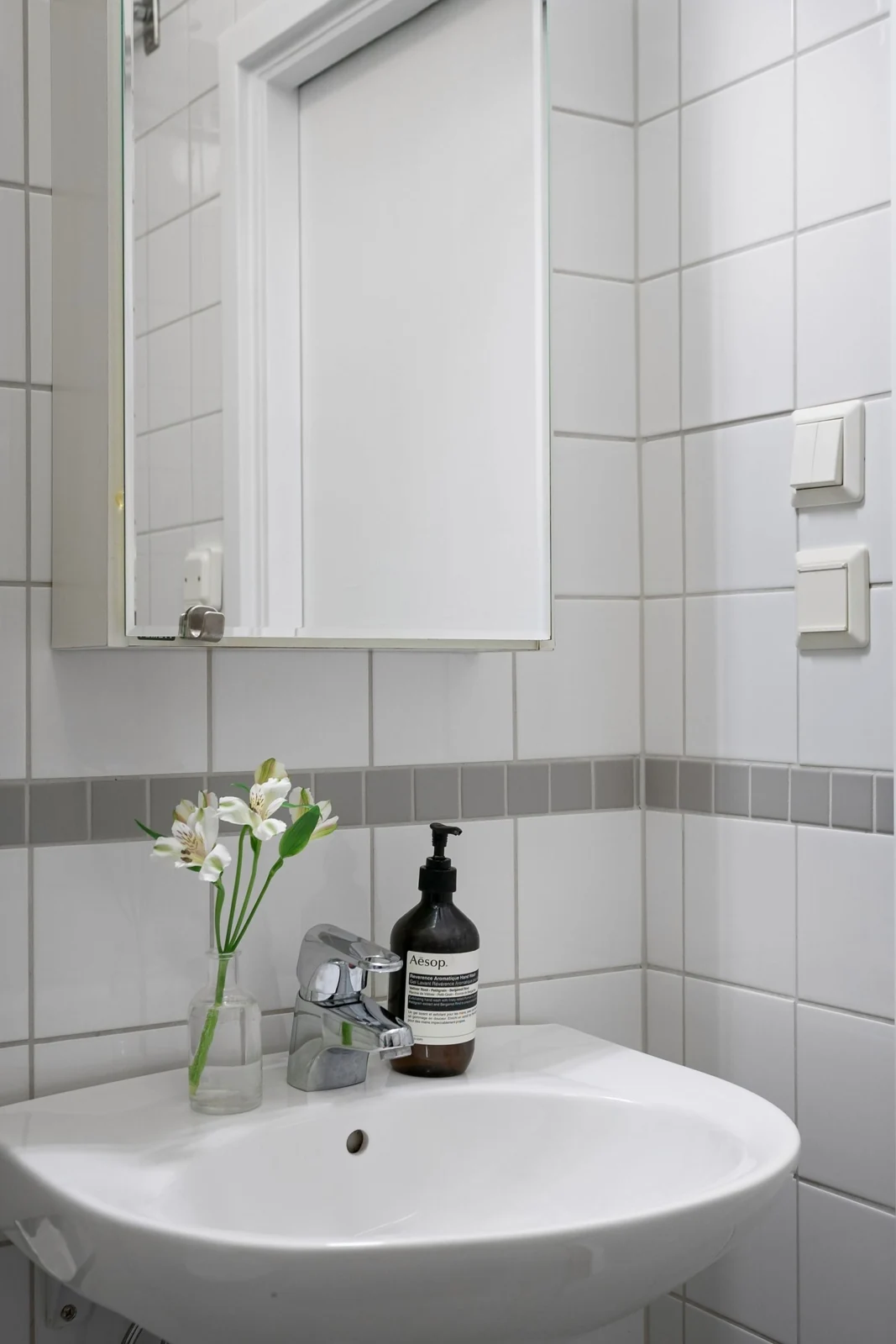 Small bathroom basin below a mirrored cabinet