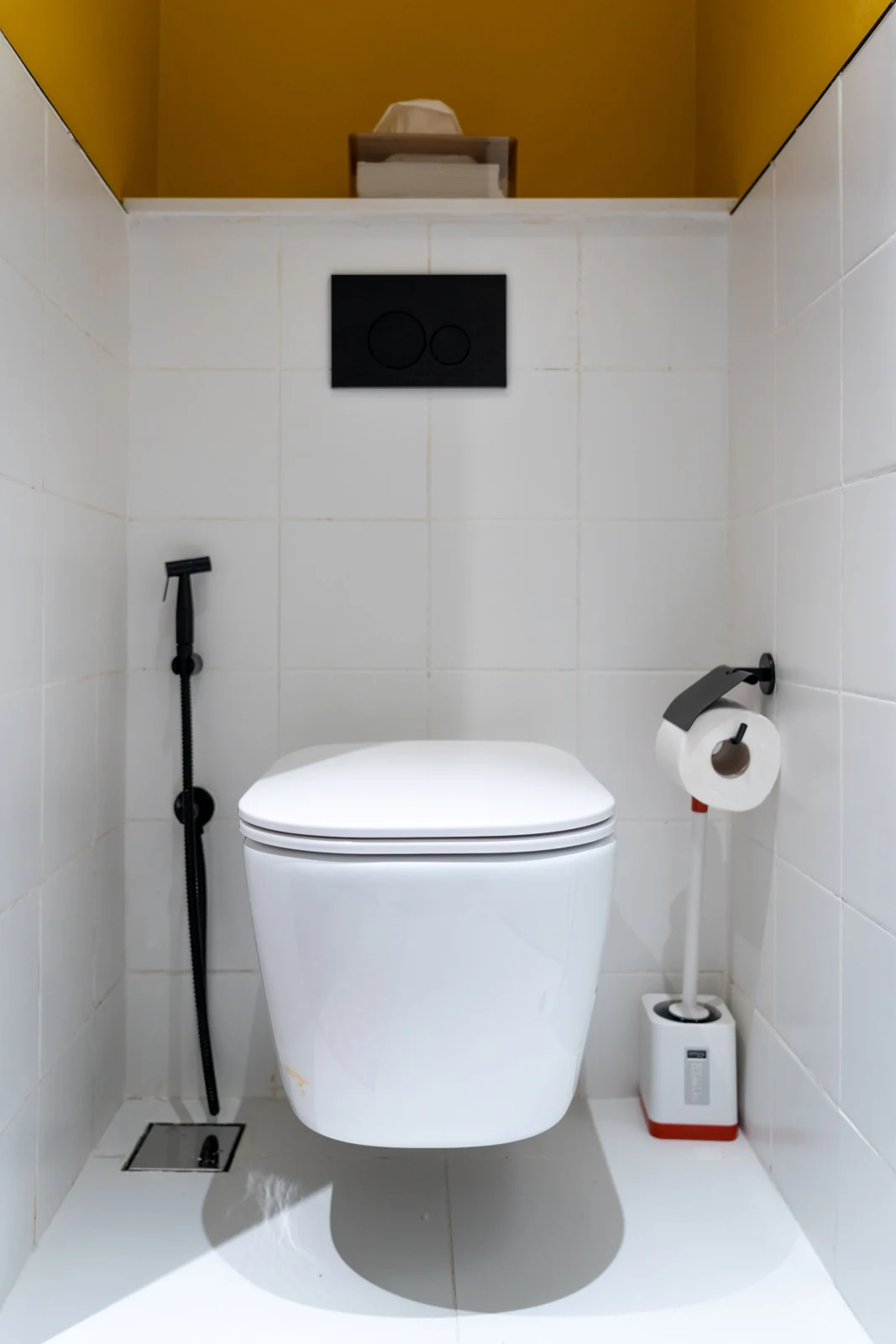 Wall-hung toilet beneath a painted alcove