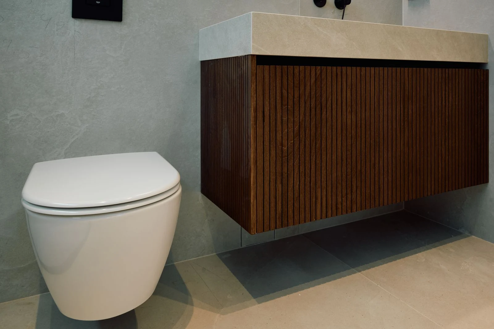 Wall-hung toilet beside a wood vanity
