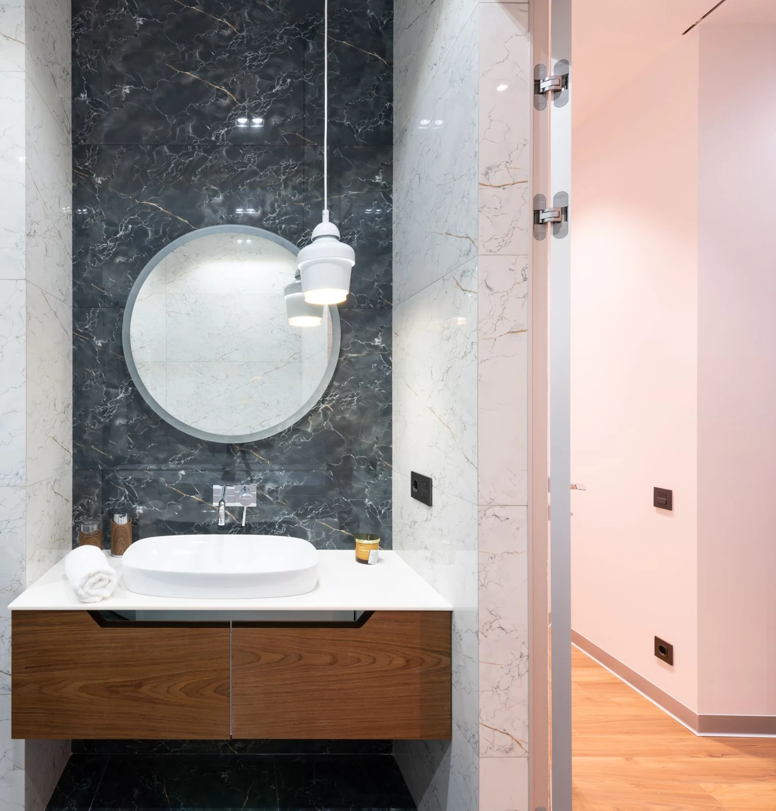 Basin on a wooden vanity