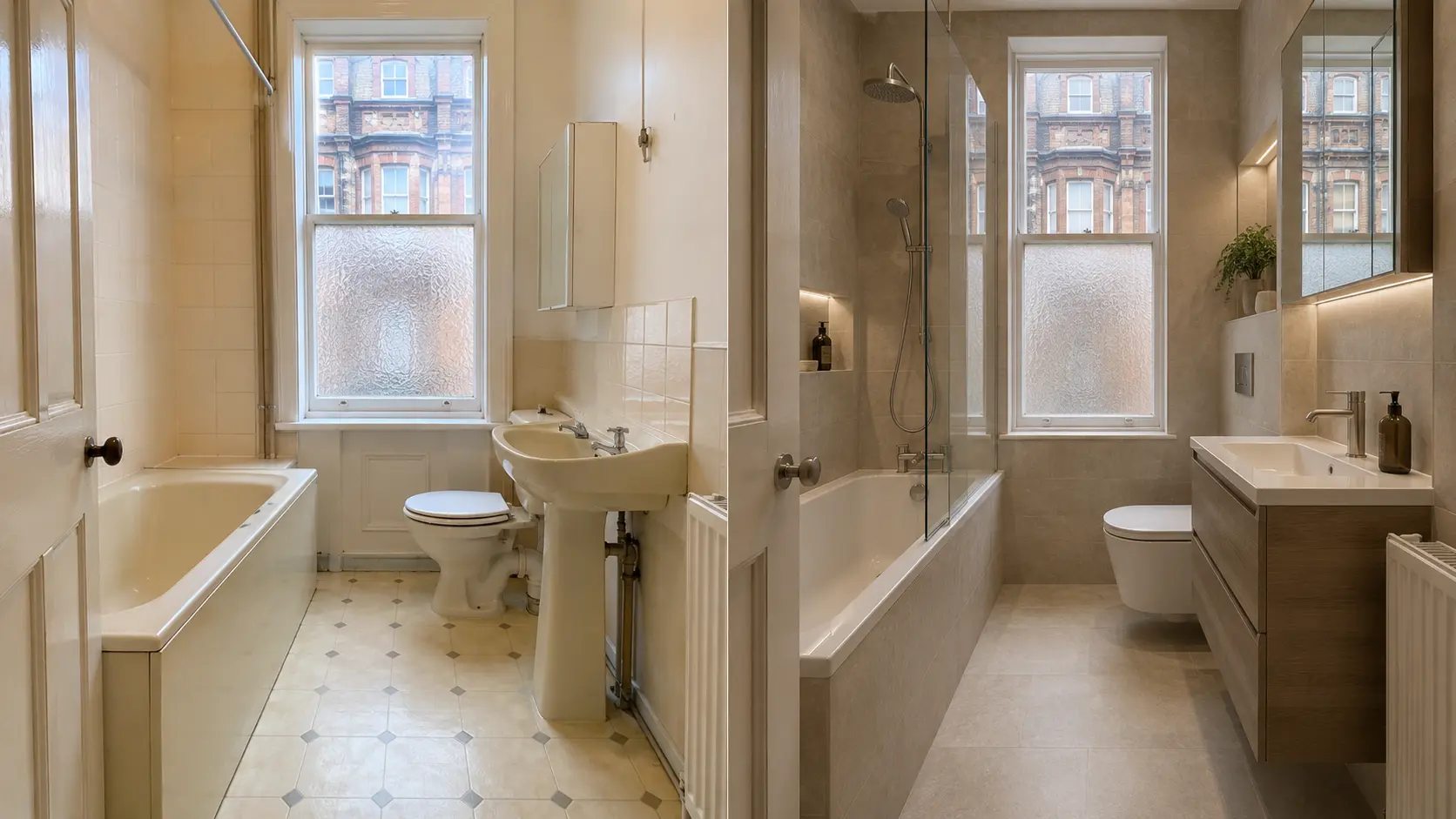 Before and after example of a small Glasgow tenement bathroom renovation