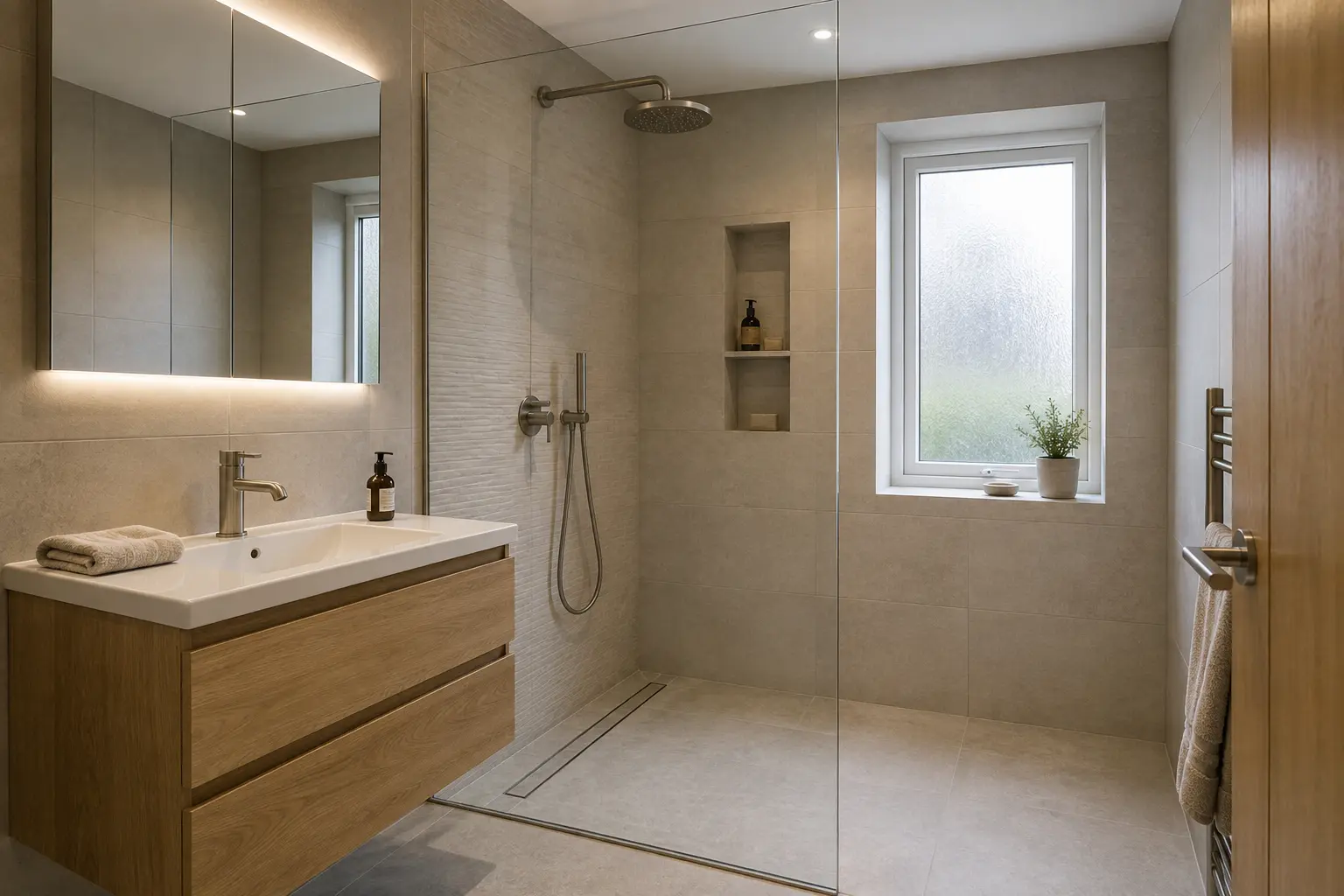 Level-access wet room with warm finishes in a Glasgow home